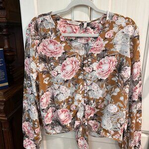 Soft Surroundings Lupita Floral Blouse Sz L Long Sleeve Button Front Tie Top